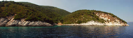 A panoramic taken off shore in Kefaloniaの写真素材