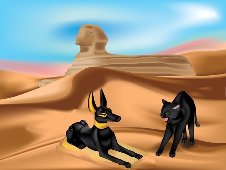 Statuette of Anubis and angry cat in sand dunes of Desert with Sphinxのイラスト素材