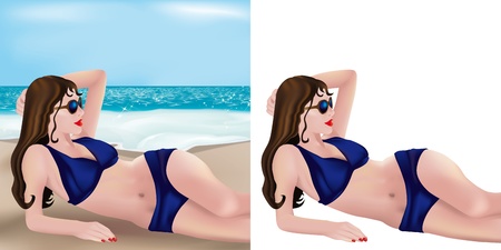 Beautiful girl with blue bikini lying on beach, isolated and on backgroundのイラスト素材