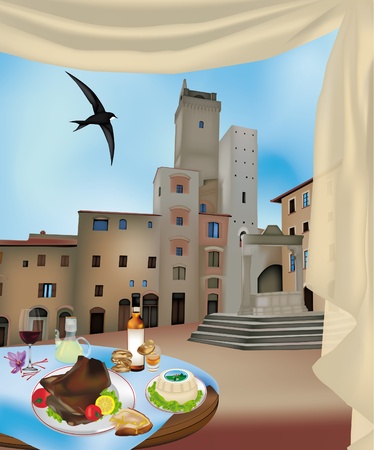 View of San Gimignano, Siena, Italy and typical Tuscan productsのイラスト素材