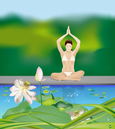 Girl sitting cross-legged with joined hands over head during exercises of yoga on the lakesideのイラスト素材