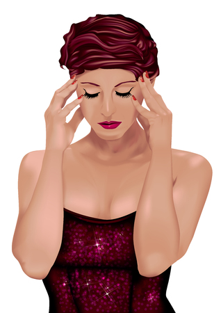 Red-haired woman with hands on her templesのイラスト素材