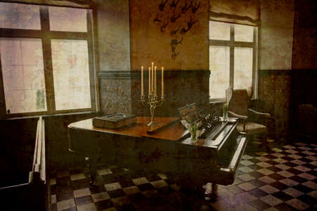 Artistic work of my own in retro style - The Musicroom - The Castle of Holckenhavn, Denmark. 1600 ISO and natural lightening from the windows only.の写真素材