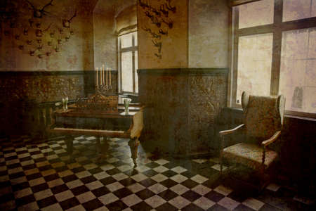 Artistic work of my own in retro style - The Musicroom - The Castle of Holckenhavn, Denmark. 1600 ISO and natural lightening from the windows only.の写真素材