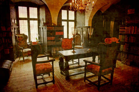 Artistic work of my own in retro style - The Library - The Castle of Holckenhavn, Denmark. 1600 ISO and natural lightening from the windows only.の写真素材