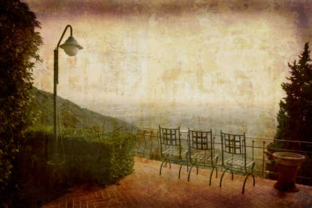 Artistic work of my own in retro style - Postcard from Italy. - Seats with view - Tuscany.の写真素材