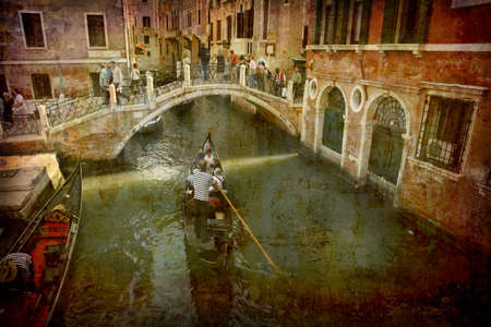 Artistic work of my own in retro style - Postcard from Italy. - Gondola near bridge - Venice.の写真素材