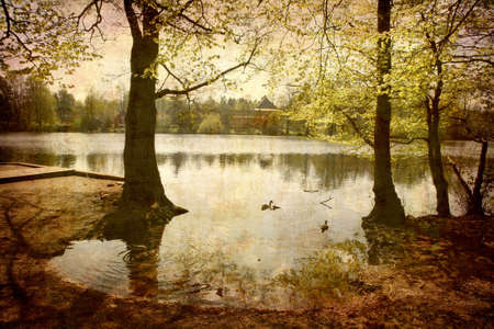 Artistic work of my own in retro style - Postcard from Denmark. - Morning by the lake.の写真素材