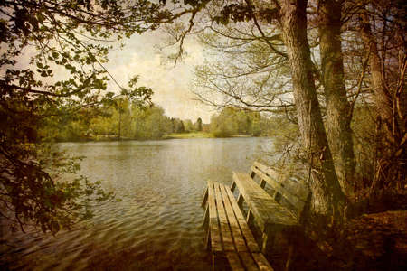 Artistic work of my own in retro style - Postcard from Denmark. - Nice bench with view.の写真素材