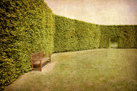 Artistic work of my own in retro style - Postcard from Denmark. - Hedges and bench.の写真素材