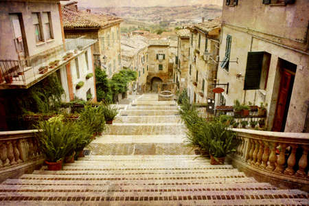 Artistic work of my own in retro style - Postcard from Italy. - Beautiful staircase Corinaldo, Italyの写真素材