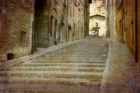 Artistic work of my own in retro style - Postcard from Italy. - Steep alley Gubbio, Umbria, Italyの写真素材