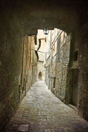 Artistic work of my own in retro style - Postcard from Italy. - Alley, Perugia, Umbria, Italyの写真素材