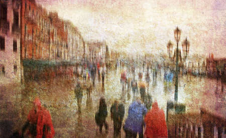 Like an old Japanese print. Several of my photos worked together to give a retro dreamlike look. Dream of Venice in rain.の写真素材