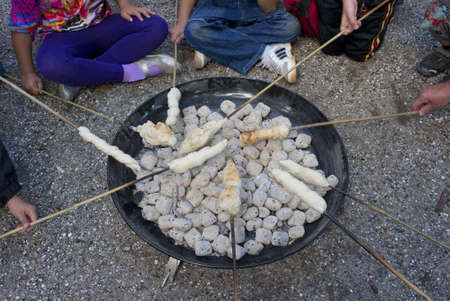 Children sitting on the ground around a barbecue grilling bread, Denmark.の写真素材