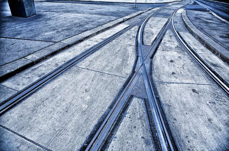 Deserted Viennese street with nice tram rails early in the morning.の写真素材