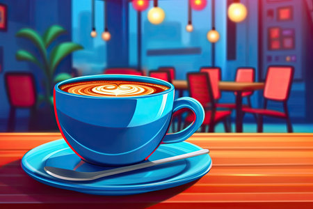Tasty Coffee Quest Blue Cup on Wood Table, Cafe Funの素材