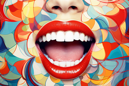 Smile Close-Up. Red Lipstick and White Teeth Collage art Conceptの素材