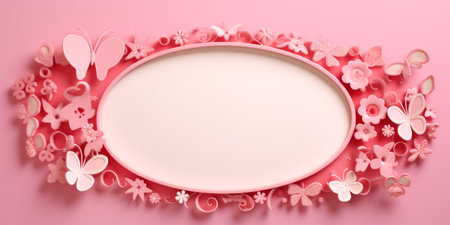 Frame made of paper flowers on pink background. 3d rendering.の素材