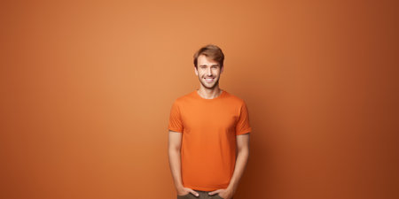 smiling young man in orange t-shirt standing on orange backgroundの素材