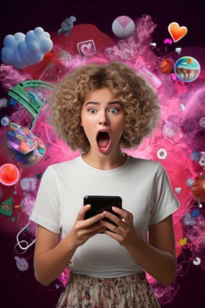 Surprised young woman with curly hair using her mobile phone.の素材