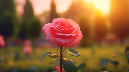 Beautiful red rose flower in the garden at sunset. Nature backgroundの素材