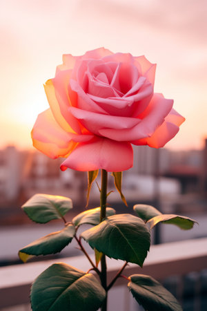 Beautiful pink rose on the background of the sunset in the cityの素材