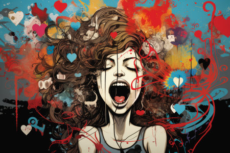 Surprised girl with closed eyes. Grunge background.の素材