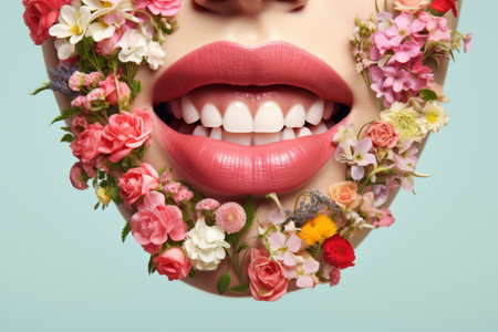Close-up portrait of a beautiful female mouth with pink lips and flowers on a blue backgroundの素材