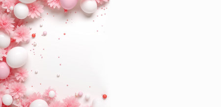Banner with pink flowers and white balloons on white background. Vector illustration.の素材