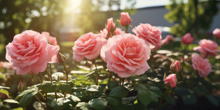 Beautiful pink roses in the garden. Nature background with pink roses.の素材