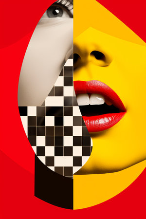 Fashion portrait of beautiful woman with red lips and checkered backgroundの素材