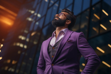 Businessman in a purple suit on the background of skyscrapersの素材