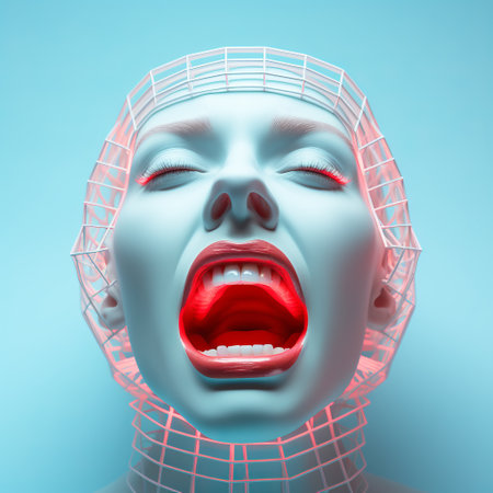 a female robot face with a net in the backgroundの素材