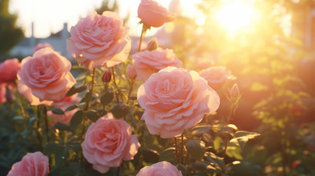 Beautiful pink roses in the garden at sunset. Vintage tonedの素材