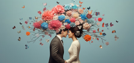 Wedding couple with colorful flowers and butterflies in their head conceptの素材