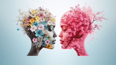 Double exposure portrait of woman and man with flowers in their hair.の素材