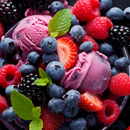 A bowl of ice cream with berries and mintの素材