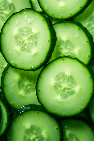 Green Veggie Power. Cucumber Slices as a Fun Pictureの素材