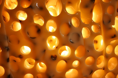 Swiss Cheese. A Close-Up of Large Holes in the Blockの素材