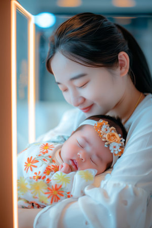 Beautiful asian mother and her newborn baby sleeping in the roomの素材