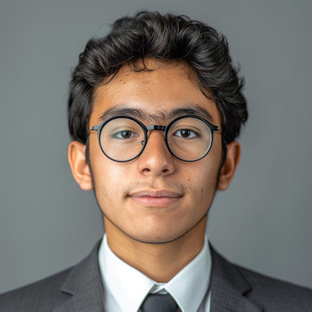 Portrait of a young Indian businessman wearing glasses and a suit.の素材