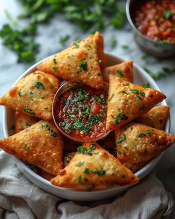 Fried samosas with tomato sauce and parsley, closeupの素材