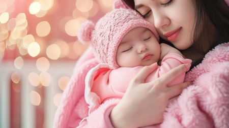 Mother and baby sleeping on bed with bokeh lights background.の素材