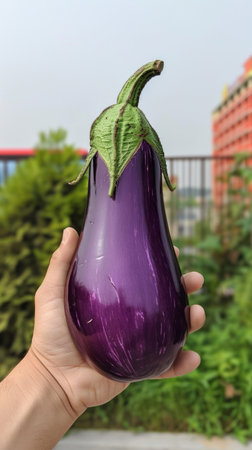 purple eggplant in hand on the background of the city.の素材