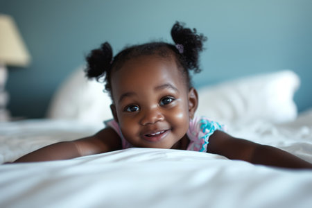 Portrait of cute little african american girl lying on bedの素材