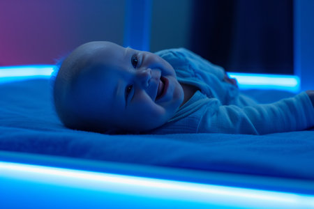 Cute baby boy lying on a bed in neon light, close-upの素材