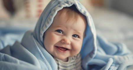 Cute baby with blue blanket on bed at home, closeupの素材