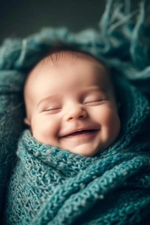 Cute newborn baby wrapped in a blue scarf. Shallow depth of field.の素材