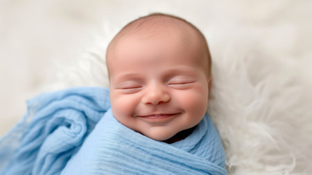 Newborn baby boy with a blue towel on a white background.の素材